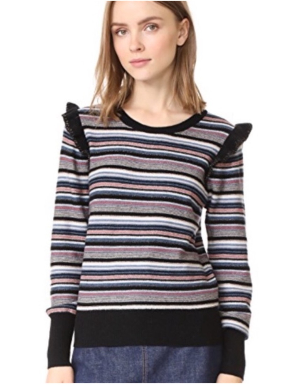 Joie Wool Cashmere Sweater Striped Ruffle L coquette colorful